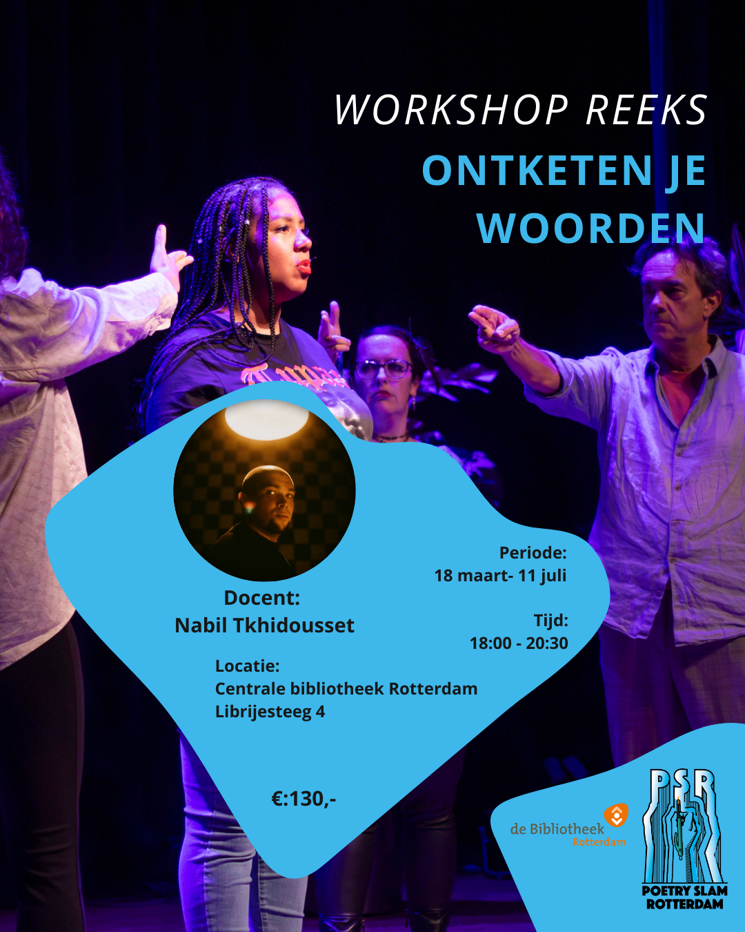 Aankondiging van Poetry Slam Rotterdam voor de workshopreeks Ontketen je Woorden. Op de achtergrond staat een persoon centraal, omringd door drie andere personen die met een vinger in de vorm van een pistool naar haar wijzen. Over de afbeelding staat groot de startdatum 4 februari, waarmee wordt aangegeven dat de workshop begint op 4 februari 2026. Verder is praktische informatie te lezen: de workshops vinden plaats elke woensdag van 4 februari tot en met 27 mei, van 18:00 tot 20:30. De kosten bedragen 150 euro. De locatie is de Centrale Bibliotheek Rotterdam, Lieberweinsteeg 4.